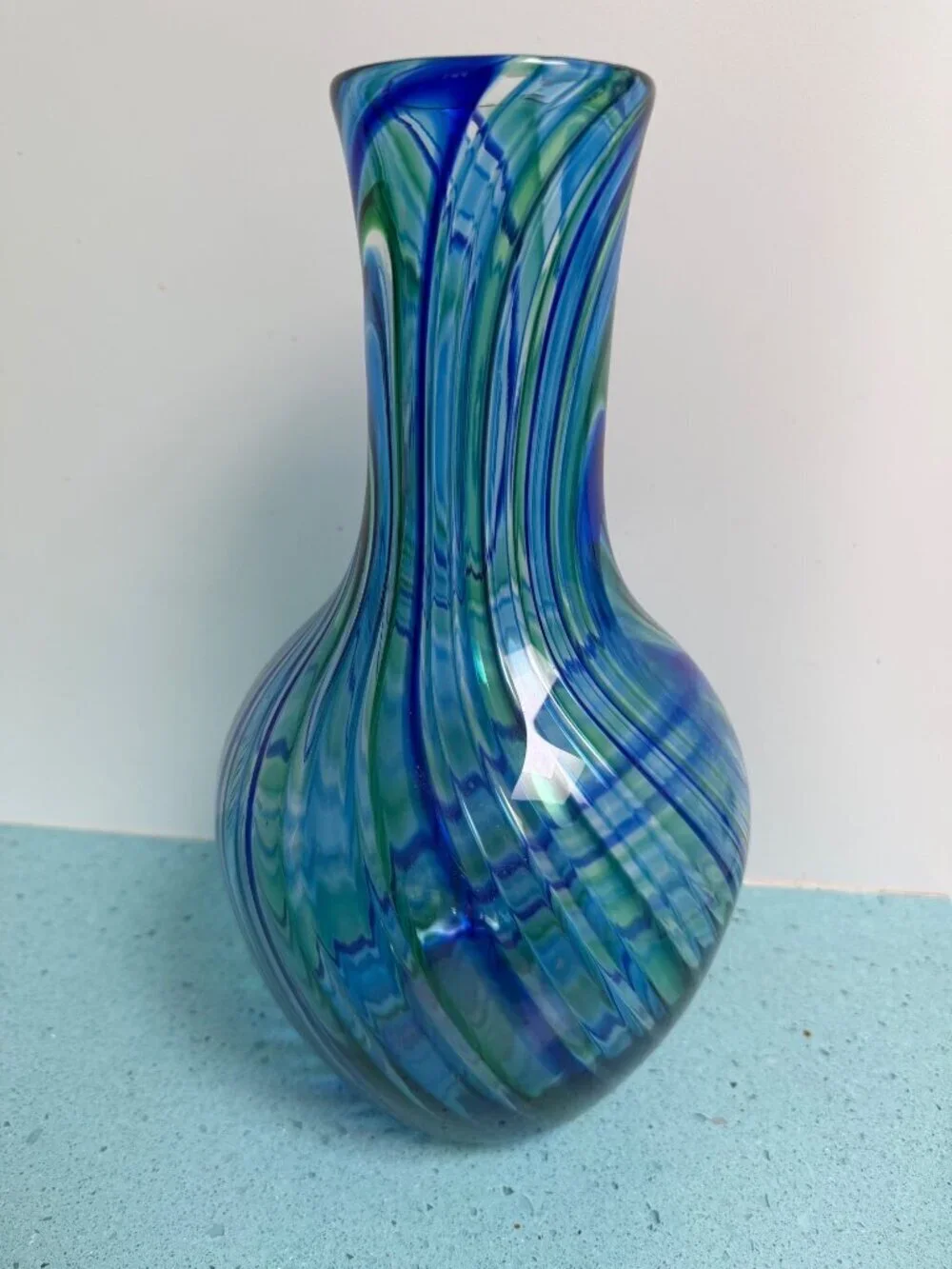 Michael Egan Vermont 2001 Handblown 12 inch Art Glass Vase Blue Green Handmade